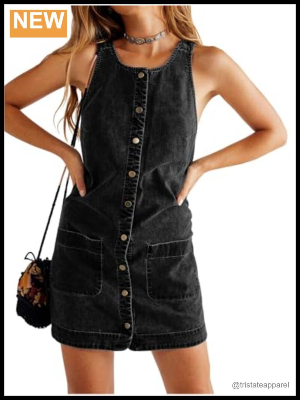 Sleeveless Denim Mini Dress Square Neck Backless Button Down Western Overall
